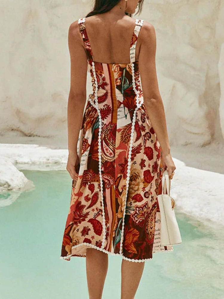 RIAX RIZON Vintage Paisley Print Lace Trim Midi Dress