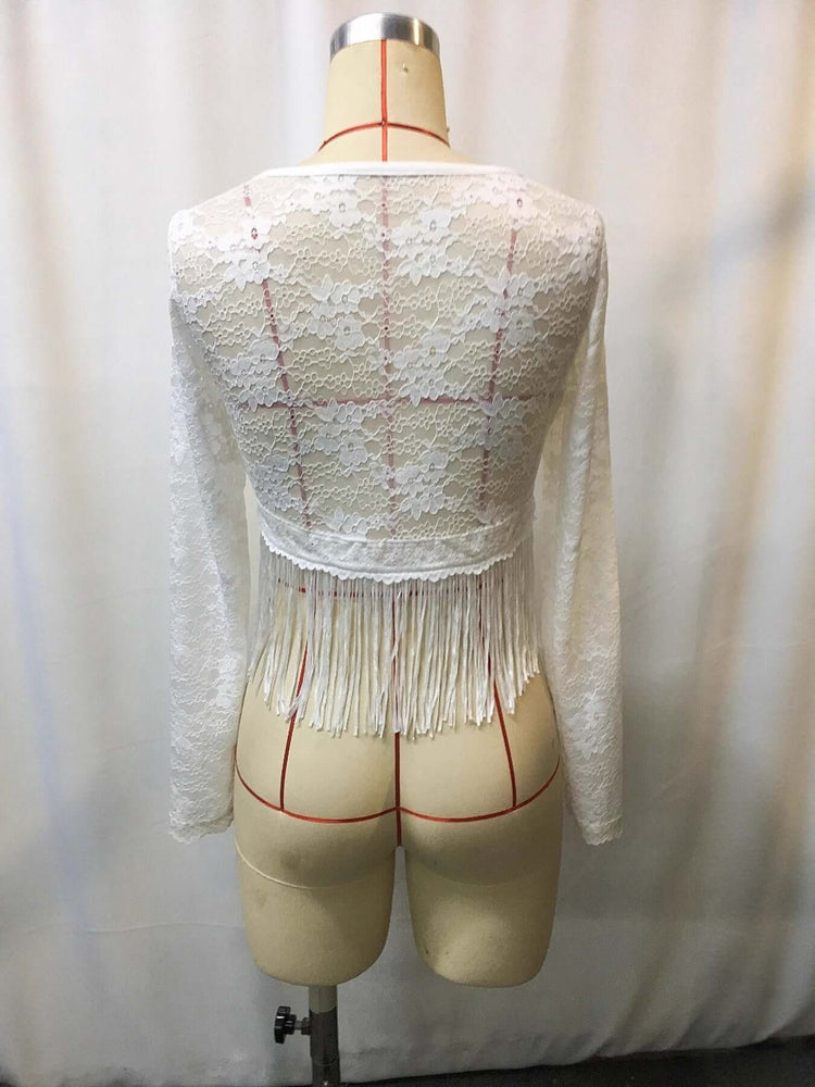 RIAX RIZON Full Size Fringe Hem Lace Long Sleeve Top Plus Size