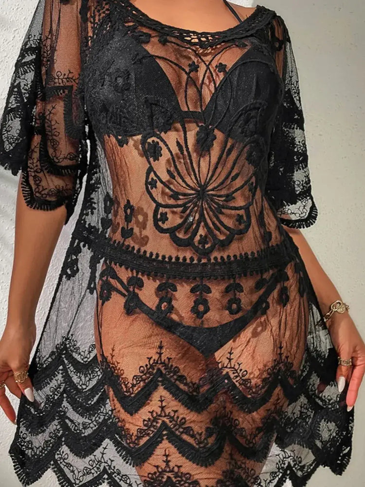RIAX RIZON Lace Round Neck Half Sleeve Cover-Up