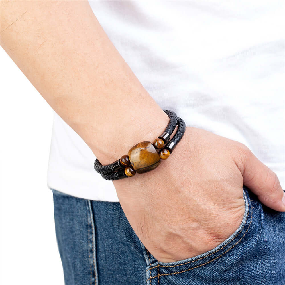 RIAX RIZON Stainless Steel Natural Tiger Eye Stone Beaded Bracelet