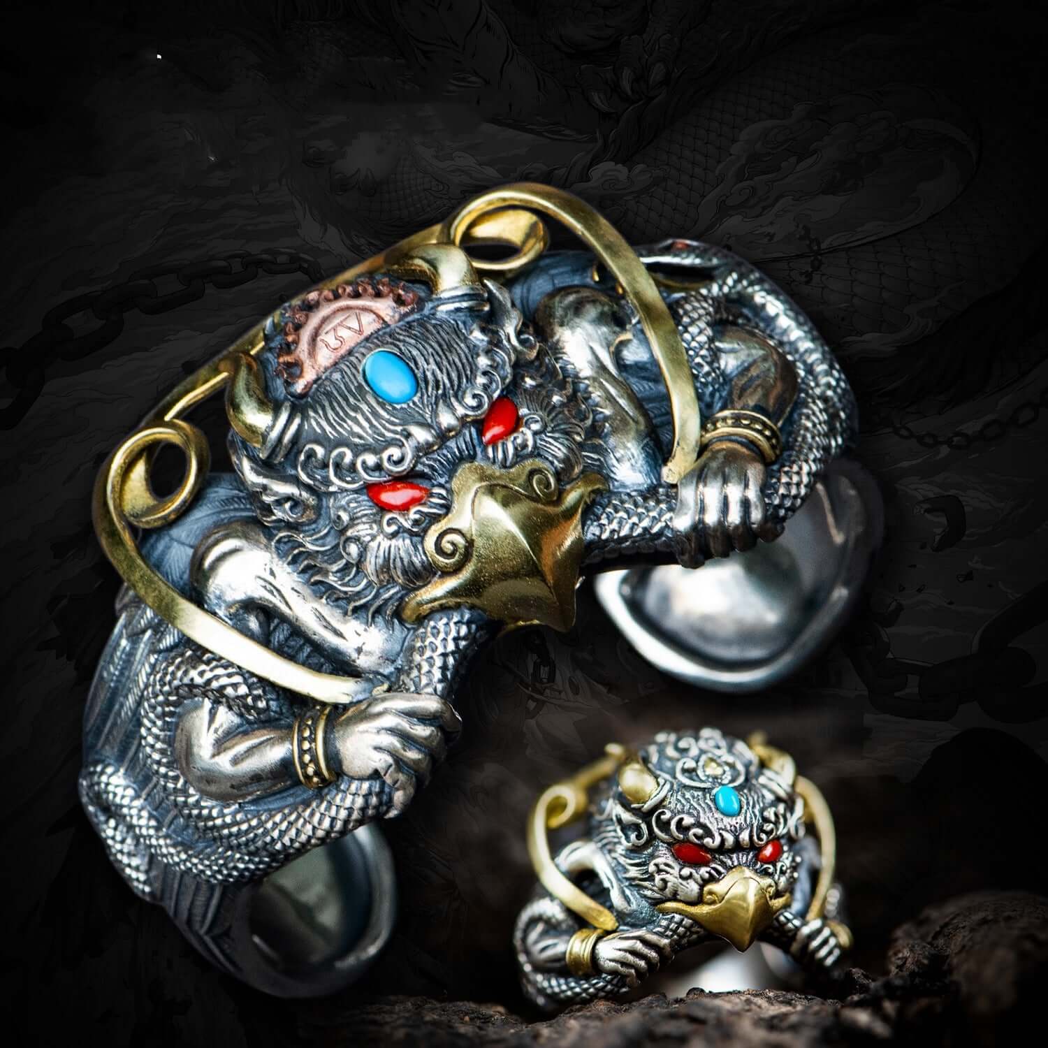 RIAX RIZON Golden Wing Dapeng Bird Retro Gem Ring for Men